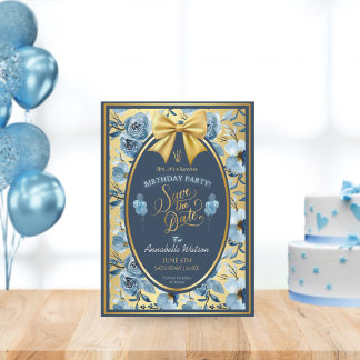 Elegante gouden blauwe bloem verrassing verjaardag save the date