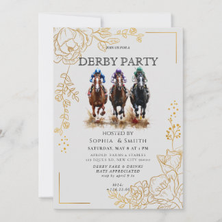 Elegante gouden bloem- en drievoudige paarden Derb Kaart