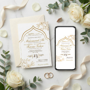 Elegante Gouden Bloem Masdjid Moslim Trouw Nikah Kaart