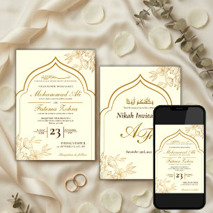 Elegante Gouden Bloem Masjdid Moslim Trouw Nikah I Kaart