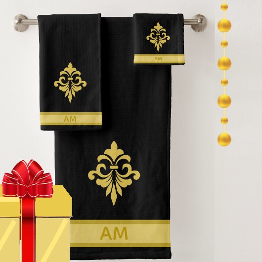 Elegante Gouden Bloem, Monogram & Streep op Zwart Bad Handdoek