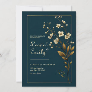Elegante Gouden Bloem Motief Navy Huwelijk Kaart