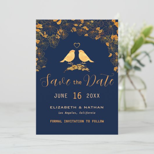 Elegante Gouden Bloem Vogels Navyblauw Aangepaste Save The Date (Staand voorkant)