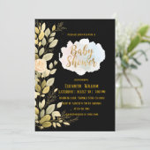 Elegante gouden bloem zwarte baby shower uitnodigi kaart (Staand voorkant)