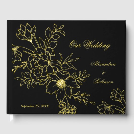 Elegante gouden bloemen bruiloft zwart gastenboek (Voorkant)