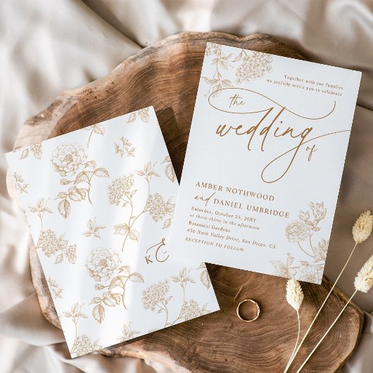 Elegante Gouden Bloemen Modern Script Wedding Kaart