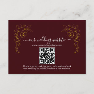 Elegante Gouden Bloemendiepe Burgundy QR Code Huwe Informatiekaartje