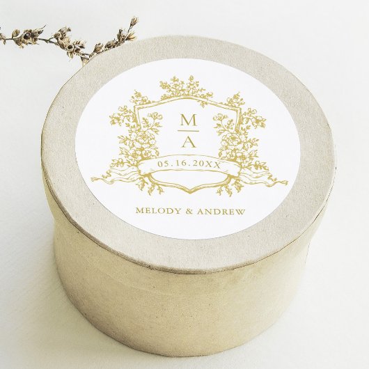 Elegante Gouden Bloemenkam Monogrammen Huwelijk Ronde Sticker