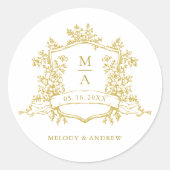 Elegante Gouden Bloemenkam Monogrammen Huwelijk Ronde Sticker (Voorkant)