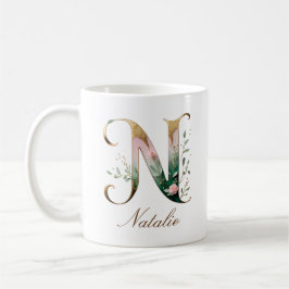 Elegante gouden bloemenletter N monogram beker Koffiemok