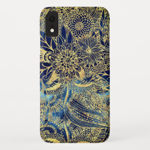 Elegante gouden bloemenmandala en blauw iPhone XR hoesje