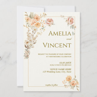 Elegante gouden bloemige trouwuitnodiging template kaart