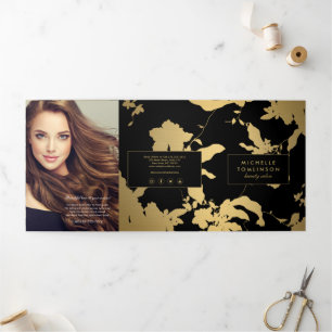 Elegante Gouden Bloempatroon Zwarte Salon Brochure Drieluik Kaart