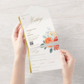 Elegante gouden blos bloemenscript bruiloft all in one uitnodiging (Afscheurbaar)