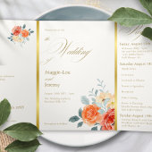 Elegante gouden blos bloemenscript bruiloft drieluik uitnodiging