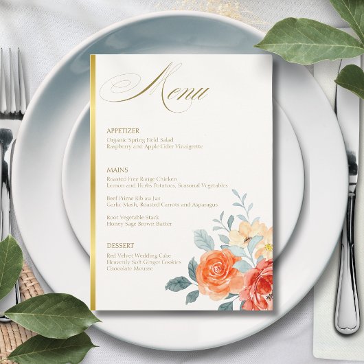 Elegante gouden blos bloemenscript bruiloft menu