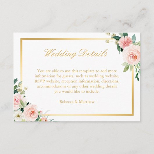 Elegante gouden blozende roze bloemige trouwdetail informatiekaartje (Voorkant)