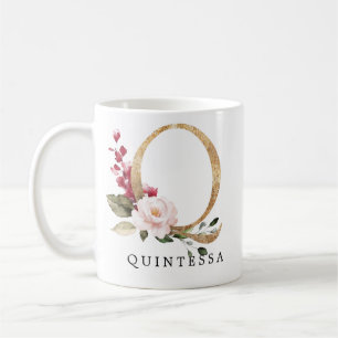 Elegante Gouden Blush Roze Bloem Letter Q Koffiemok