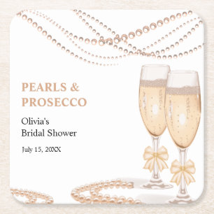 Elegante Gouden Boog Parels en Prosecco Bruidsdine Vierkante Kartonnen Onderzetter
