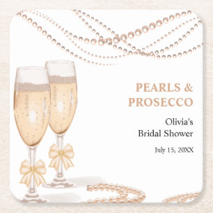 Elegante Gouden Boog Parels en Prosecco Bruidsuitn Vierkante Kartonnen Onderzetter