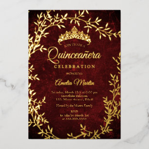 Elegante gouden Bourgogne Blad Krans Quinceanera Folie Uitnodiging