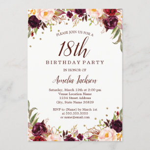 Elegante gouden Bourgondische Floral 18e verjaarda Kaart