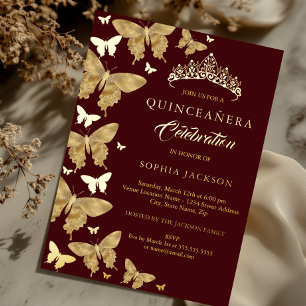 Elegante gouden Bourgondische vlinder Quinceanera Folie Uitnodiging