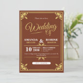 Elegante gouden & bruine bruiloft uitnodiging (Staand voorkant)