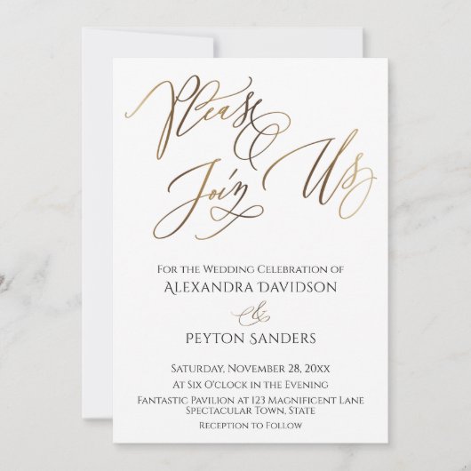 Elegante Gouden Calligrafie "Kom bij ons" Bruiloft Kaart (Voorkant)