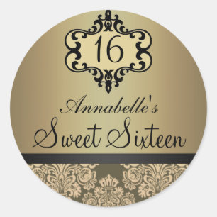 Elegante Gouden Chic Damast Sweet 16 Sticker
