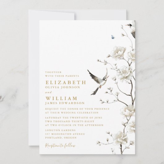 Elegante gouden Chinoiserie Bloemen QR Code Huweli Kaart (Voorkant)