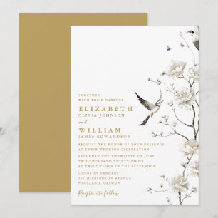 Elegante gouden chinoiserie bloementuin bruiloft kaart