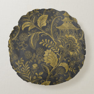 Elegante Gouden Chinoiserie Bloemige Vintage Pagod Rond Kussen