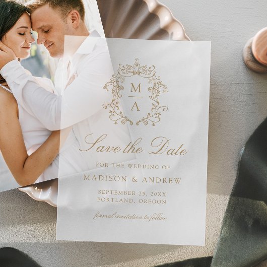 Elegante gouden Chinoiserie bruiloft Save the Date Vellum Uitnodigingen