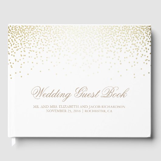 Elegante gouden Confetti Stippen witte bruiloft Gastenboek (Voorkant)