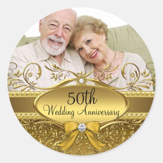 Elegante gouden damast foto 50e Jubileum Sticker (Voorkant)