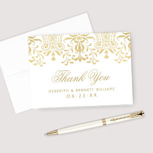 Elegante Gouden Damast Monogram Huwelijk Bedankkaart
