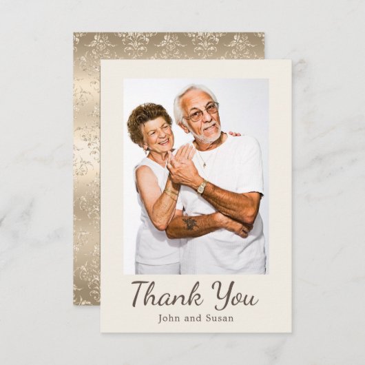 Elegante gouden damast roomkleurige huwelijksverja bedankkaart (Voorkant / Achterkant)