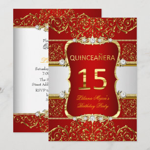 Elegante Gouden Donkerrode Glamour Quinceanera Kaart