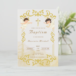 Elegante gouden doopuitnodiging met engelen & krui kaart