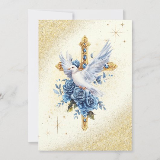 Elegante Gouden Duif Blauwe Rozen Doop Kaart (Achterkant)