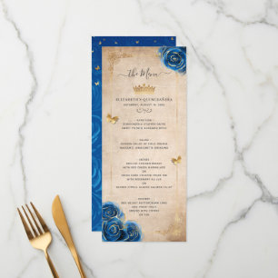 Elegante Gouden en Blauwe Rozen Waterverf Bloemen Menu