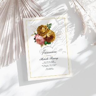 Elegante gouden en blos bloemige Quinceañera-foto Kaart