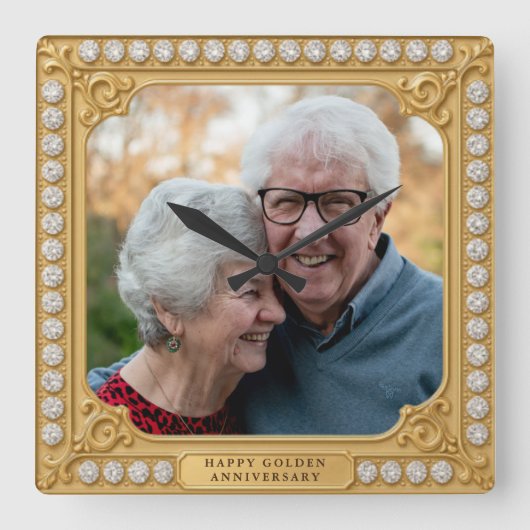 Elegante gouden en diamanten 50ste verjaardag foto vierkante klok (Voorkant)
