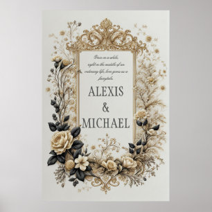 Elegante Gouden en Grijze Bloemen Poster