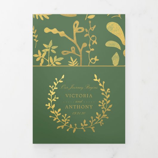 Elegante gouden en groene bloemenkrans bruiloft su drieluik uitnodiging (Cover)