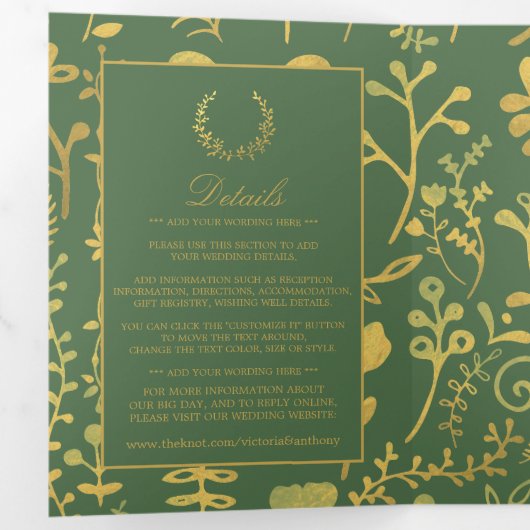 Elegante gouden en groene bloemenkrans bruiloft su drieluik uitnodiging (Binnenzijde eerst)