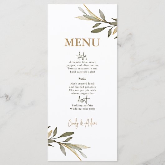 Elegante gouden en groene bruiloft menu (Voorkant)