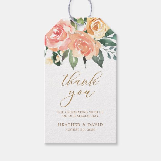 Elegante gouden en perzik bloemige bruiloft gunst  cadeaulabel (Voorkant)