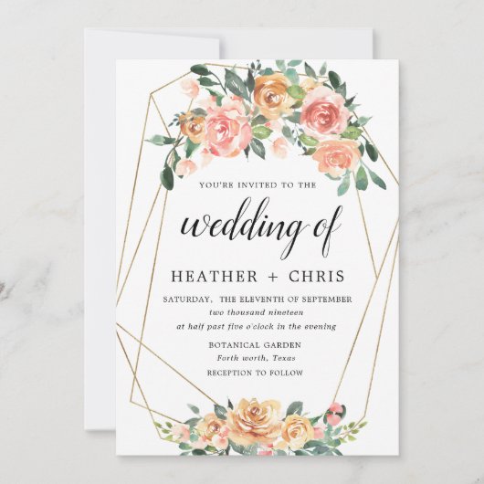 Elegante gouden en perzik bloemige trouwuitnodigin kaart (Voorkant)